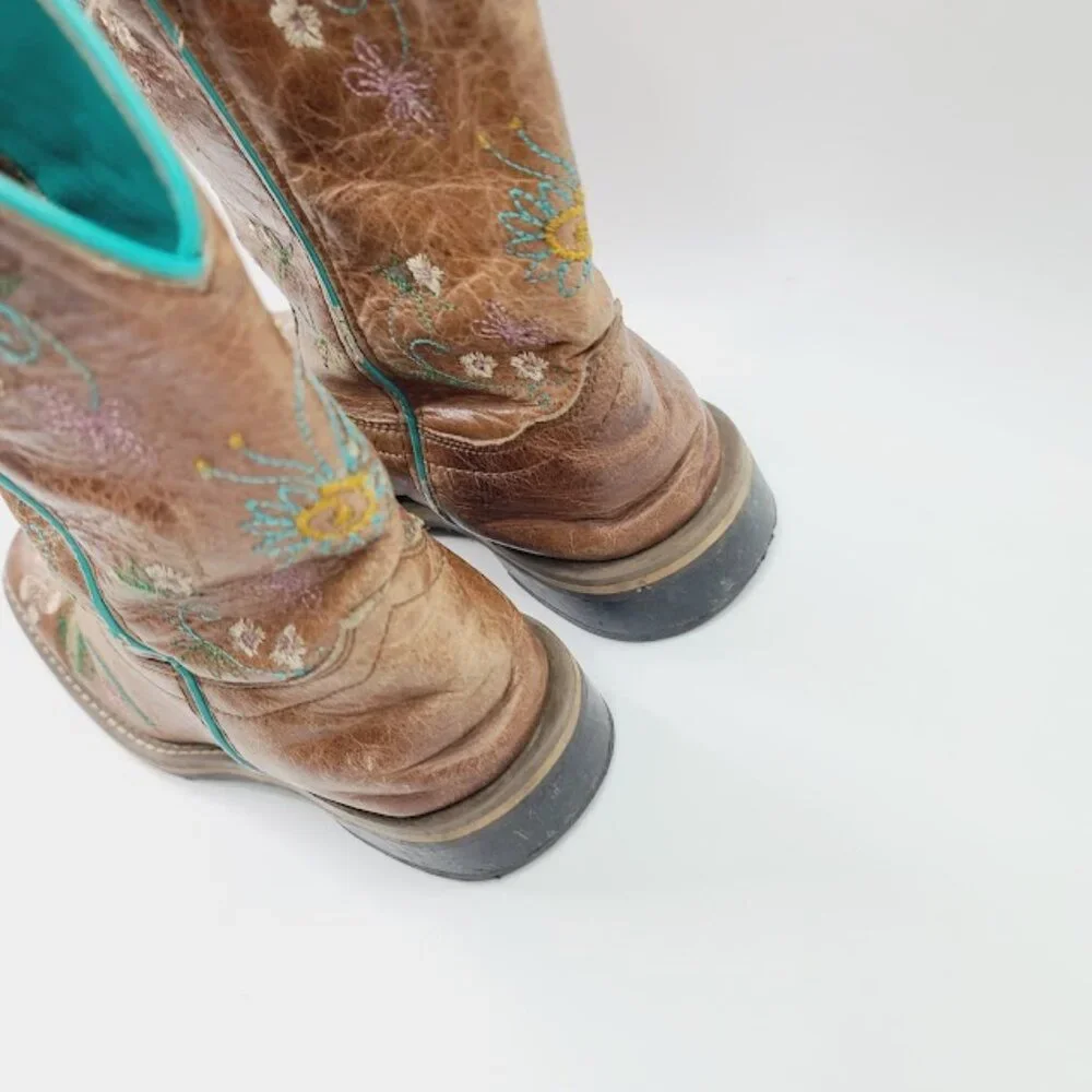 Smoky Mountain‎ Girl's Brown Blue Floral Leather Classic Western Boot Size 3